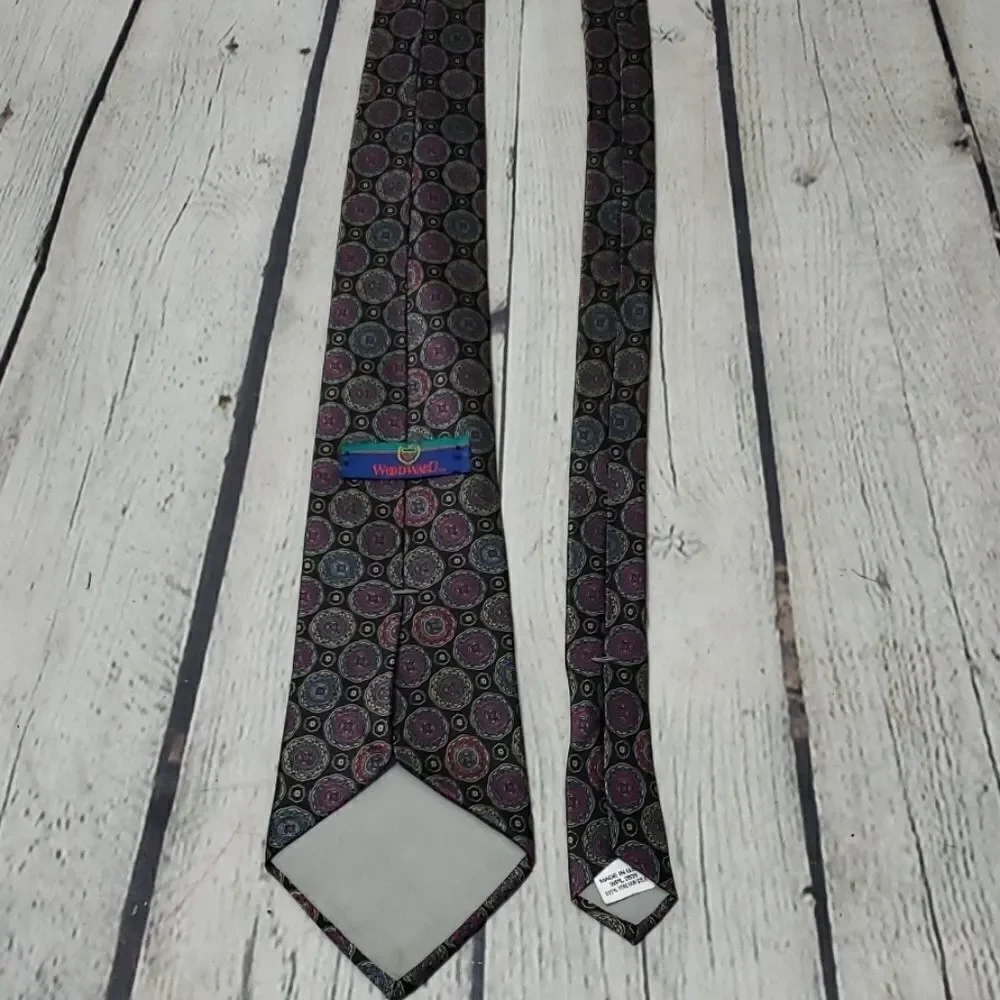 Vintage Italian Silk Black Purple Eclectic Medallion Print Tie